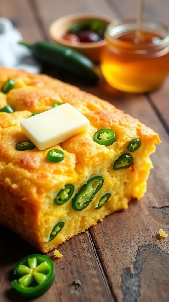 Slice of jalapeño cheddar cornbread with butter on a wooden table, with honey and jalapeños in the background.